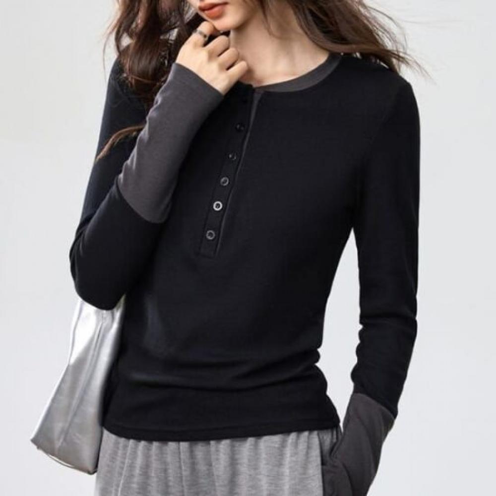 Navava Women Color Block PoinT Henry Neck Long Sleeve T shirT nT2999