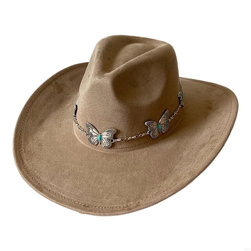

Fashionable Fedoras Hat Sueded Butterfly Decoration Wide Brims Cosplay Costume Hat for Music Festival and Party Celebration Y08E сіро-коричневий