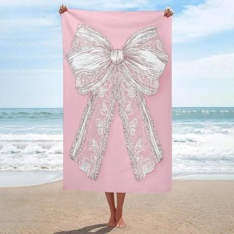 Pink Bow Print Beach Towel Quick Dry Sand Free Cute Star Heart Pattern Lightweight Towel for Girls Beach Pool Travel Camping