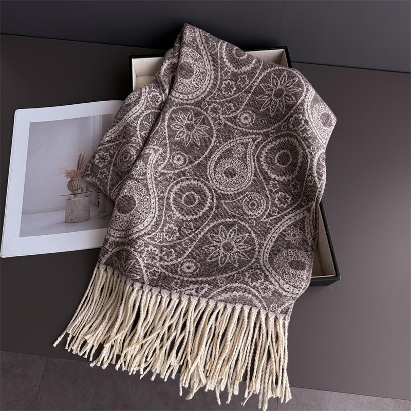 Neck Warmer Scarf For Women Men Winter Thickened Tassel Pashmina Shawl Faux Cashmere Warps Autumn Elegant Cashew Print Blanket