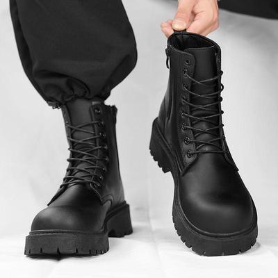 Men's Black Leather Motorcycle Boots with Thick Soles and Inner Heightening – British Style, High Top, Casual, Autumn-Ready.