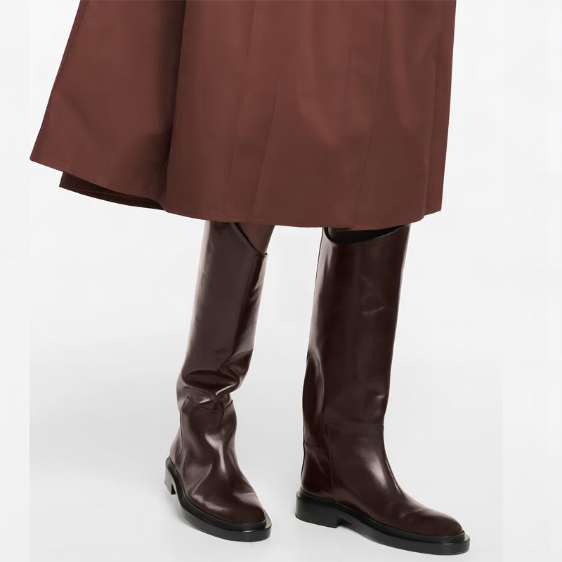 Classics Women Autumn Winter Knee High Boots For Woman's Round Toe Slip-On Flats Square Heels Knight Botas Mujer Leather Boots