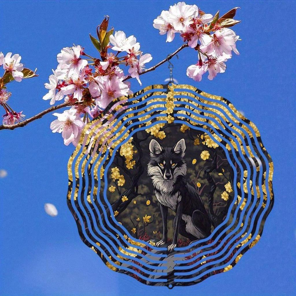 Yellow Sakura Fox Wind Spinner Outdoor Garden Decor 2D Kinetic Art Hanging Rotating Wind Chime with 360 Degree Hook for Patio Yard Holiday