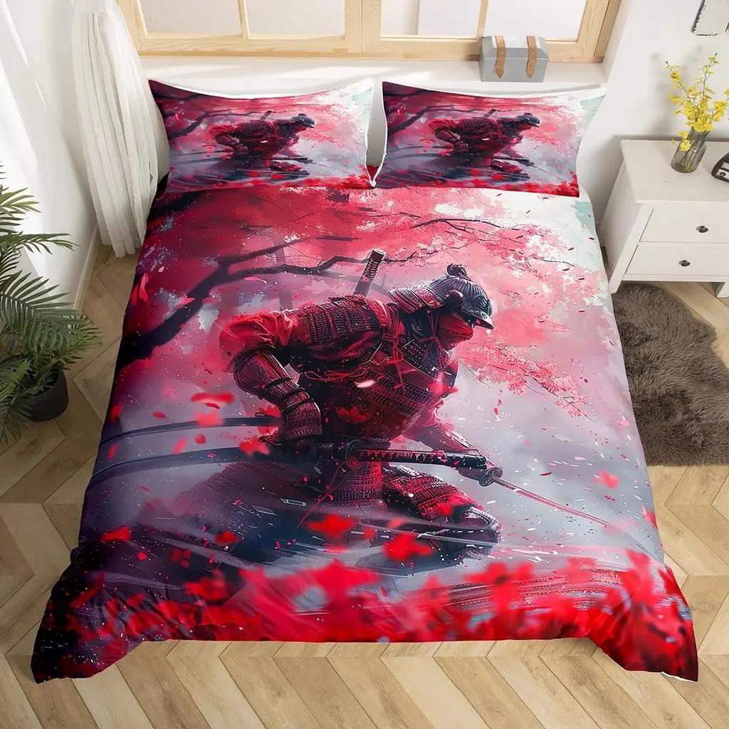 Japanese Samurai Full Size Bedding Set Cherry Blossoms Red Sun Hokusai Duvet Cover Fuji Mountain Quilt Comforter Cover
