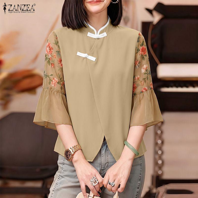 ZANZEA Women Elegant Casual Stand Collar Floral Print Splice 3/4 Sleeve Blouse