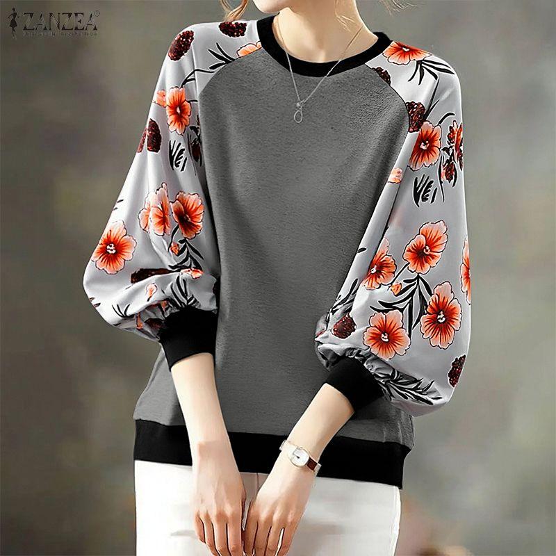 ZANZEA Women Casual Round Neck Floral Splice Long Sleeve Pullover Tops