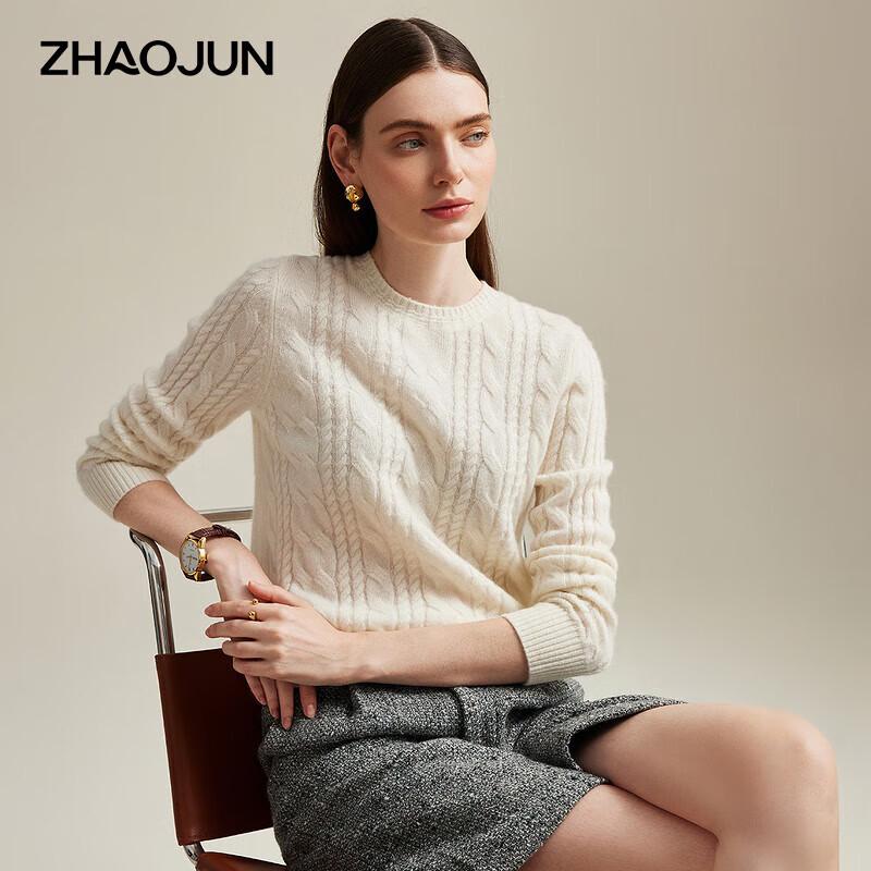 Zhaojun Women's Round Neck Cable Knit Cashmere Sweater