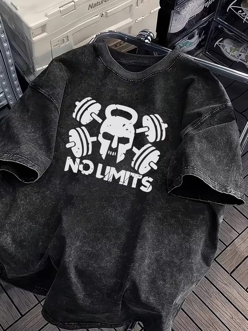 

Vintage Acid Wash No Limits Gym Skull Graphic TShirt Oversized Workout Casual Cotton Tops for Men Women gothic S