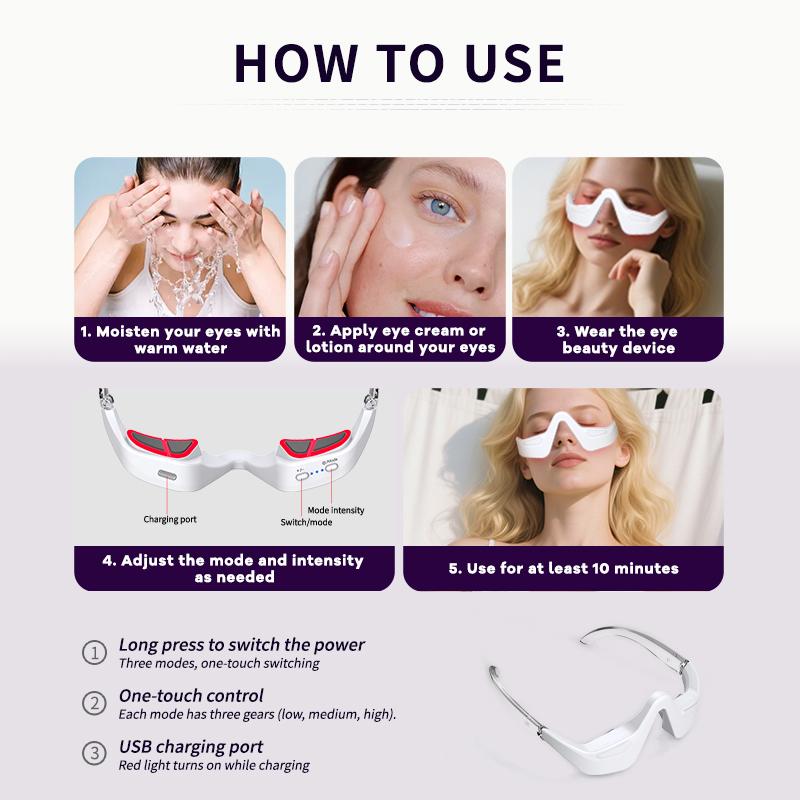 Under Eye Red Light Therapy Device Red Light Therapy Glasses USB Rechargeable 4 Modes Eye Massager for Eye Bags Reduce Dark