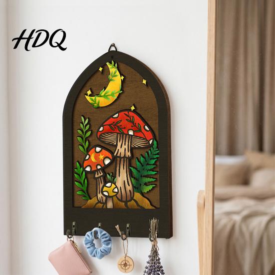 Key Hanger for Bedroom Door Bohemian Wooden Hanger Decorative Wall Mounted Holder with 4 Metal Boho Style Decor Hooks Artistic Hanging Hook Entryway