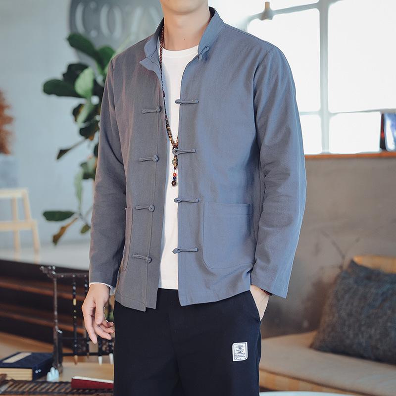 Spring and Autumn Chinese Style Cotton and Linen Retro Buttoned Chinese Long-sleeved Bottoming Shirt Men's Performance Tai Chi Clothing Shirt Jacket