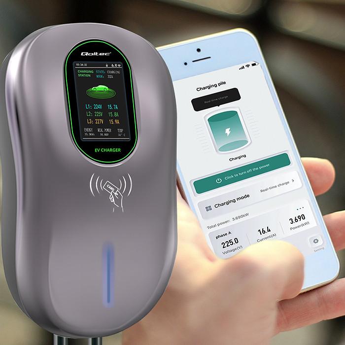 Qoltec Stacja ładowania EV 2w1 Typ2 | 22kW | Wi-fi| Smart life APP | LCD | RFID | 3 fazy | Wallbox | 5m