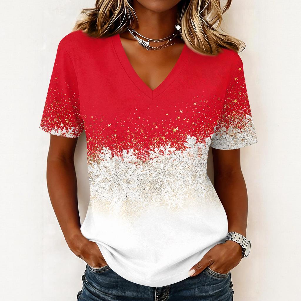 Casual Kerst V-hals Top met Korte Mouwen en Feestelijke Print voor Vakantiefeest
