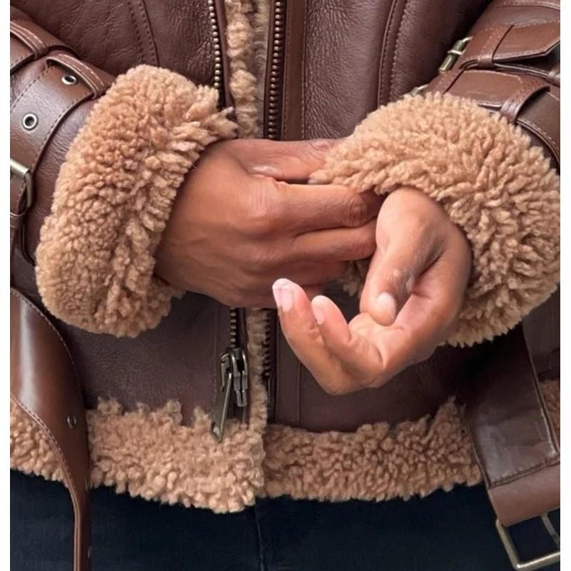 Mens Brown Fleece-Lined Thick Winter Jacket With Double-Layer Collar Belt Buckle Detail