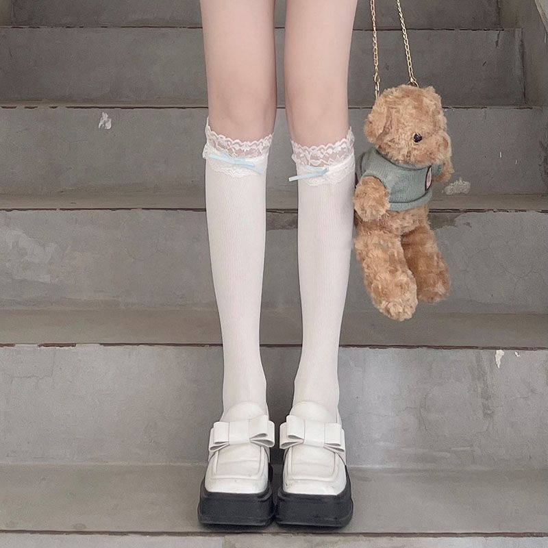 Lace Ruffle Slouch Socks for Women | Knee High Cute Hot Girl Bowknot JK Calf Socks