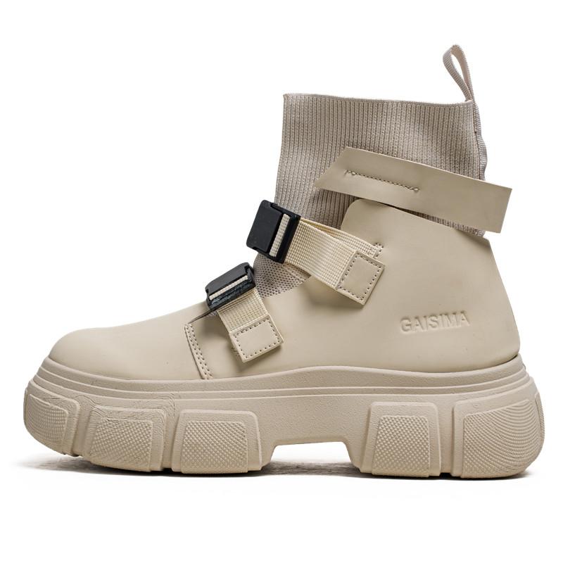 Fashion Gray Men's Buckle Strap Boots Trendy Designer Socks Boots Men Tooling Platform Shoes Man Slip-On Autumn Winter Footwear