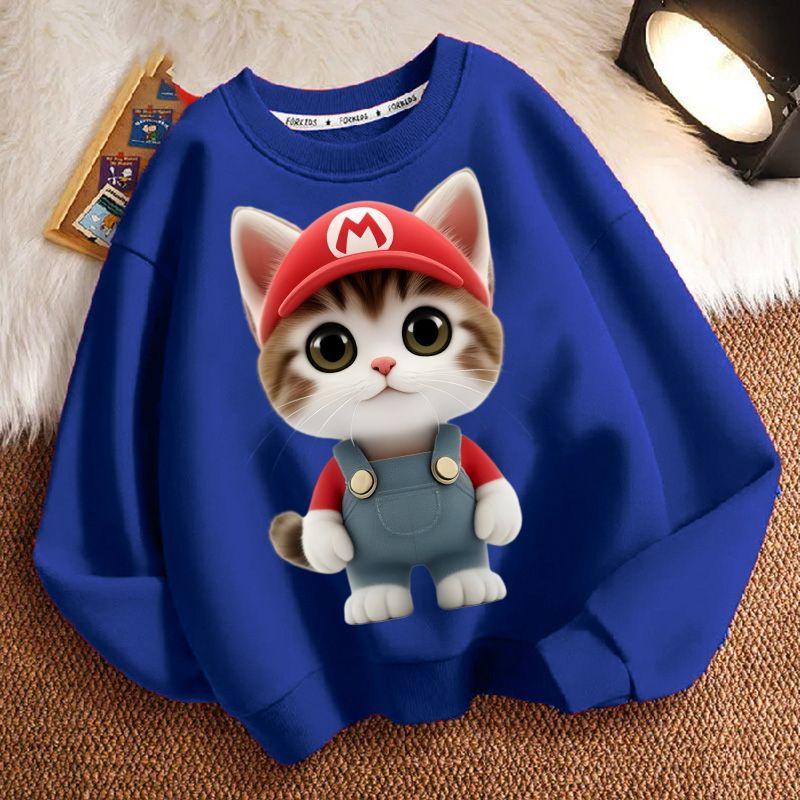 Cute Cat Round-neck Sweatshirt for Children, Long-sleeved Casual Sweatshirt for Boys and Girls in Spring and Autumn