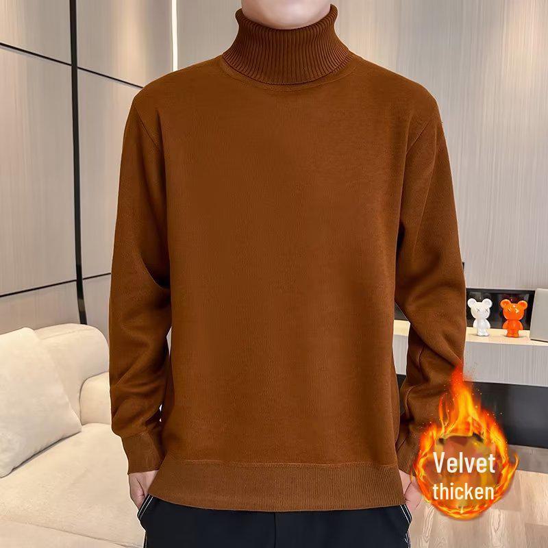 Men's Solid Color Knitted Turtleneck Sweater - Warm Velvet, Autumn/Winter Style, Mid-neck Design