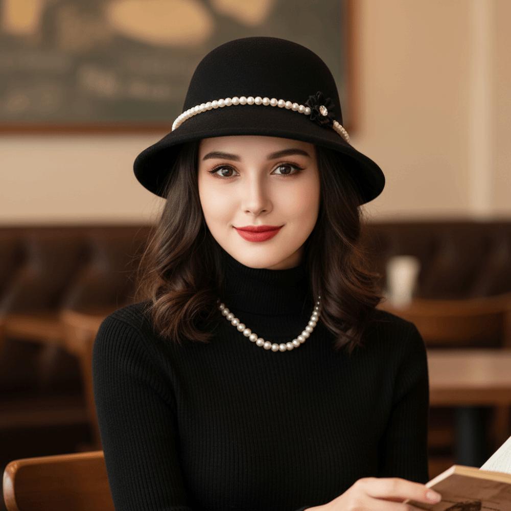Pearl Flower Topper Hat Solid Color Woolen Bucket Hat Elegant Fisherman Hat  Girl