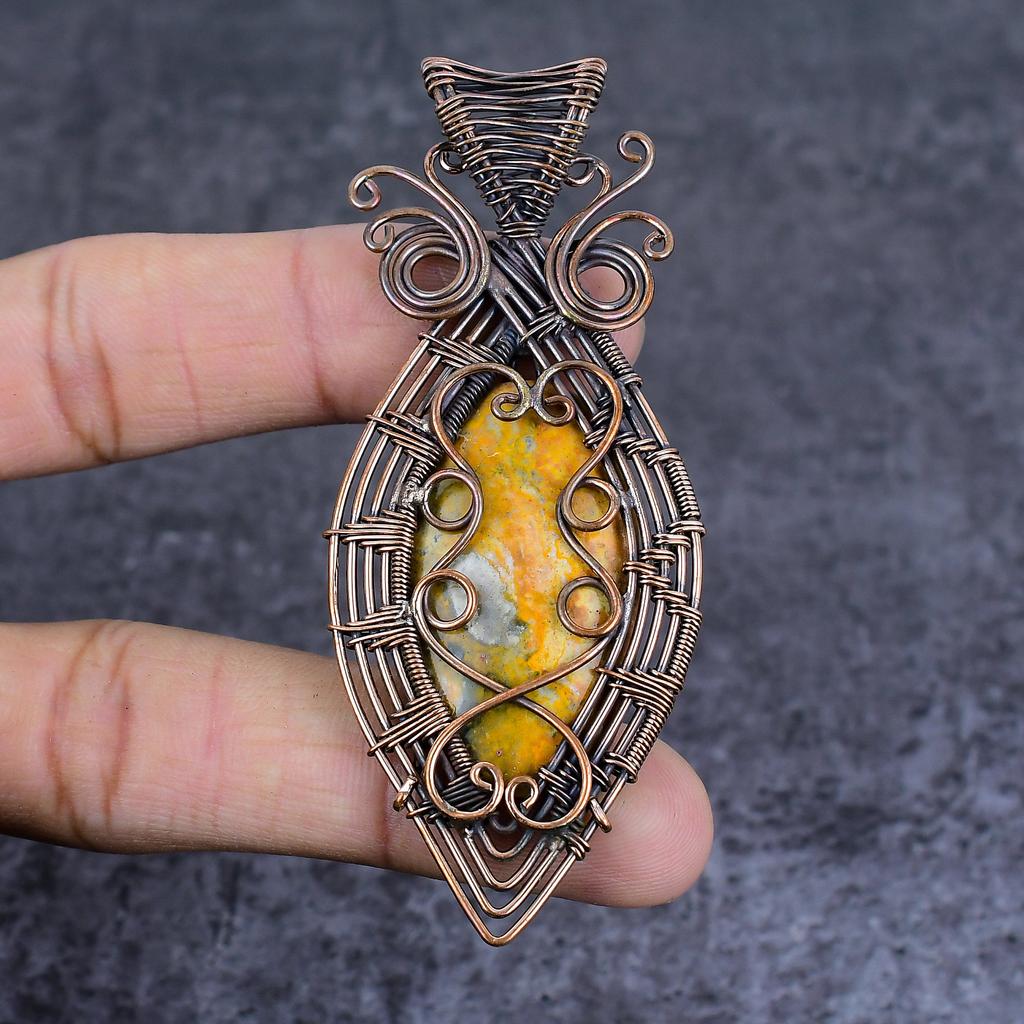 Natural Bumble Bee Jasper Gemstone Copper Wire Wrap Jewelry Pendant 3.35" q8Z23