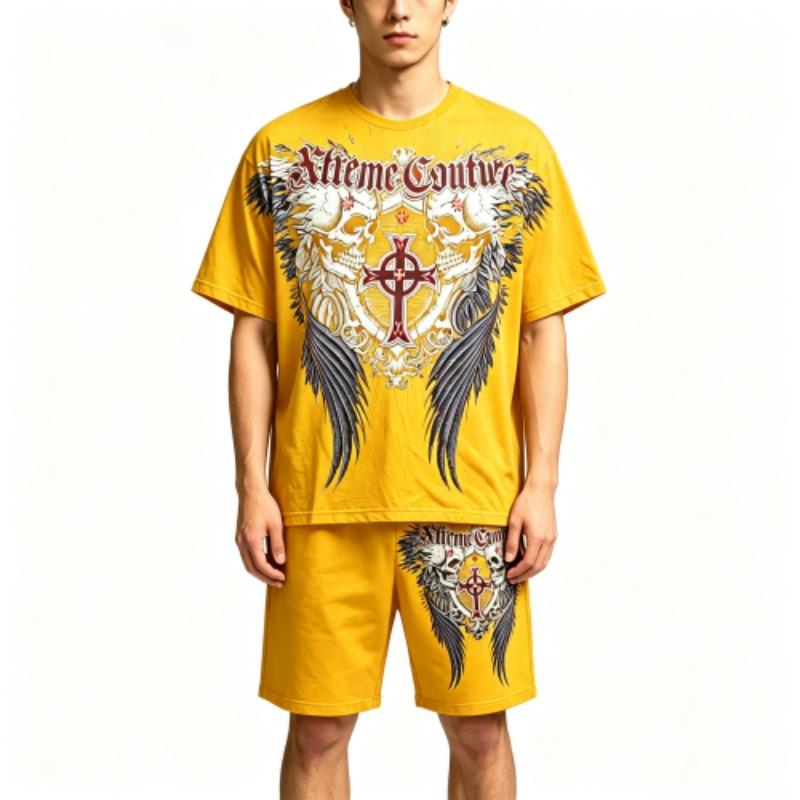 Summer Fashion Casual Retro Skull Angel Wing Printed Round Neck Short Sleeved T-Shirt And Shorts Set Men's and Women's T-shirt Shorts Set