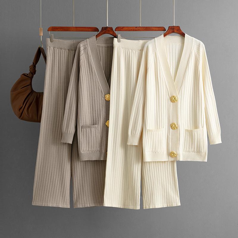 Autumn and Winter New Solid-color Loose Metal Button Cardigan Set and Wide-leg Pants Two-piece Set for Women