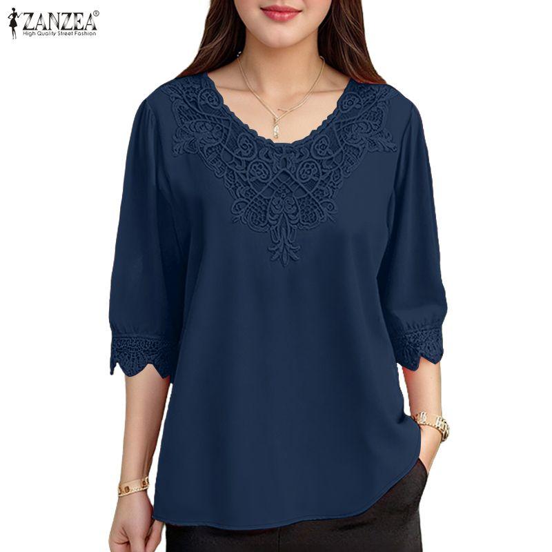 ZANZEA Blusa Casual de Encaje Crochet con Escote en V y Manga Media para Mujer