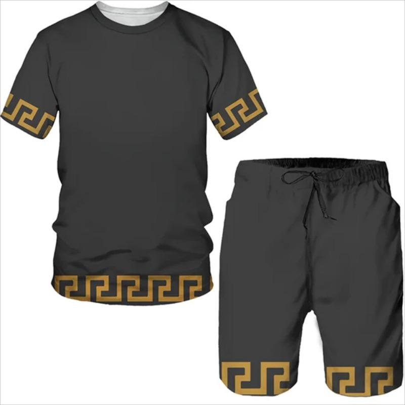 Summer 3D Printed T-shirt Shorts 2-Piece Set Casual Luxury Vintage Gold Pattern Men's Sports Suit 2024 Street Fashion Men's C