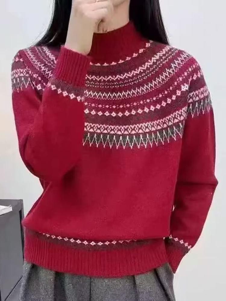 Fair Isle Women's Retro Cashmere Sweater - French Style Round Neck Pullover, Long Sleeve Knitwear