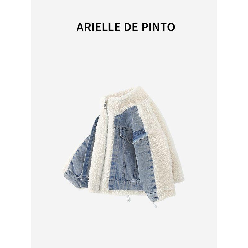 French Arielle De Pinto Kidsren's Winter Jacket, Fashionable and Stylish Denim and Fur Cotton Coat for Babies