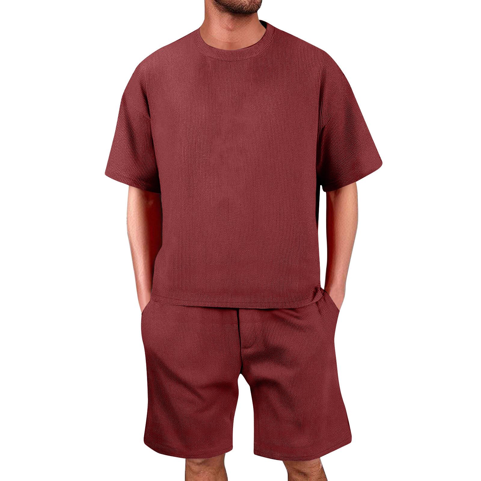 

Men s Summer Solid Color Short Sleeve Round Neck T-Shirt Shorts Set XXXL