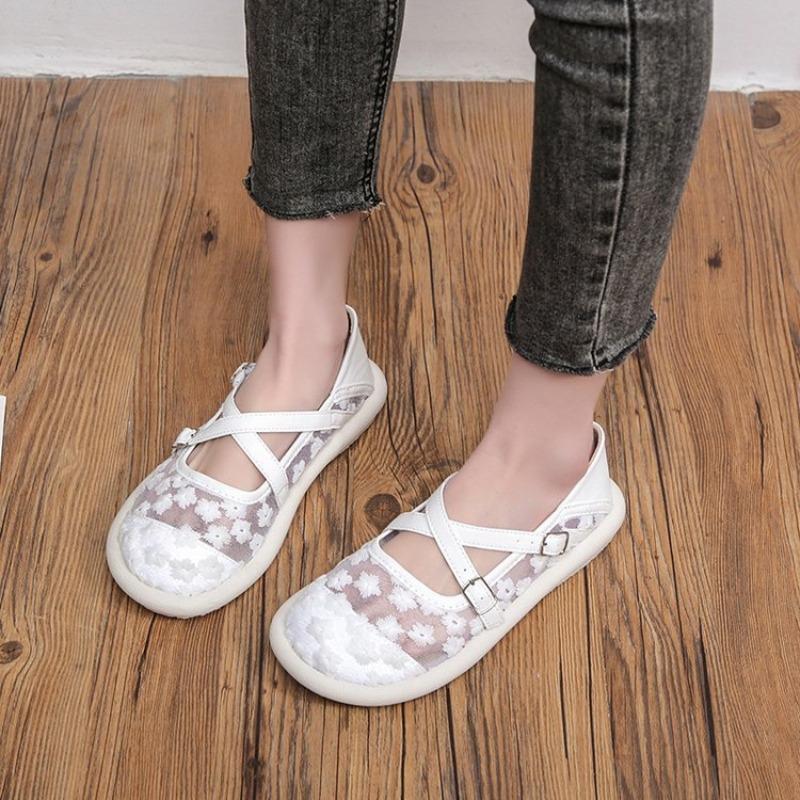 Fashion Mesh Embroidery Brand Lace Women Ballet Flats Fashion Breathable Women's Mary Jane Shoes Comfort Low Heel Soft Barefoot Shoes