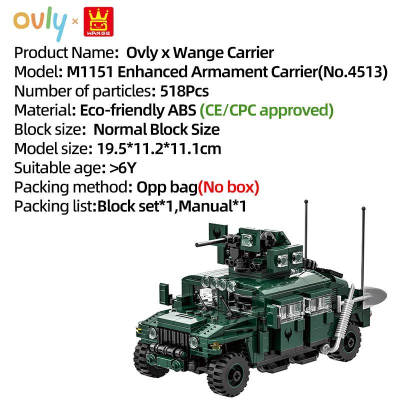 

WANGE Военный бронированный M1151 Усиленный носитель вооружения Модель Строительный блок Машинка Игрушка Совместимый с кубиками Детский подарок на день рождения №4513