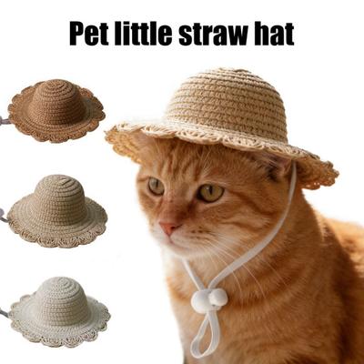 Chapeau de Paille à Bord Festonné pour Animal de Compagnie Chapeau de Soleil pour Chat avec Sangle Réglable Chapeau de Soleil Tressé d'Été pour Petits Chiens Chats
