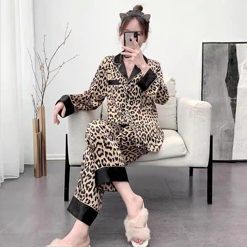 [Original] Leopard print ice silk pajamas women's 1011 new spring and autumn thin long-sleeved two-piece set loungewear summer