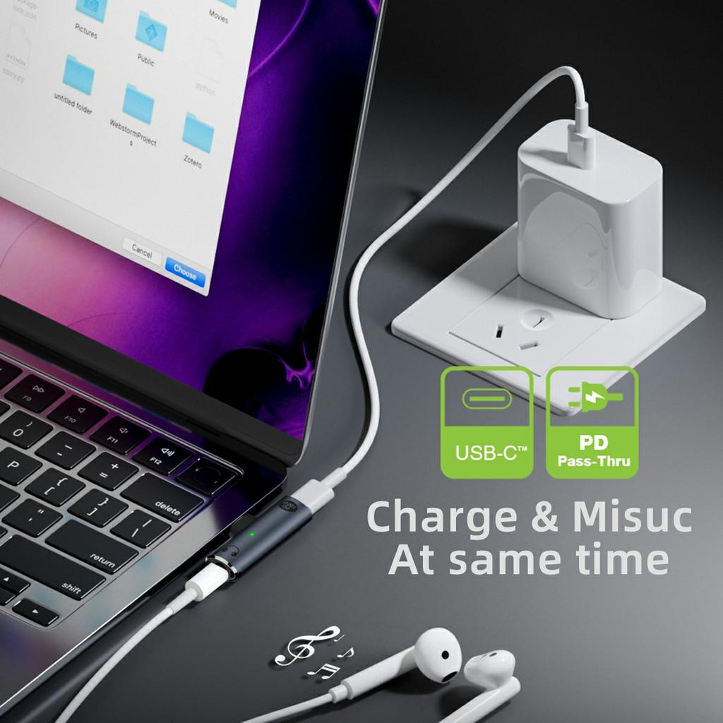 UC-075-PD Type-C to 3.5mm Audio DAC AUX Music + 100W PD Power CS201 Chip Adapter for Laptop Tablet Phone