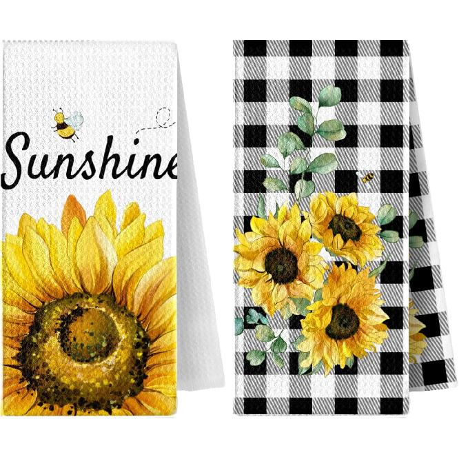 2 Pack Sunflowers Waffle Kitchen Towels Dish Towels, 15.7 Inch X 23.6 Inch, Super Absorbent & Lint Free Hand Towels for Home