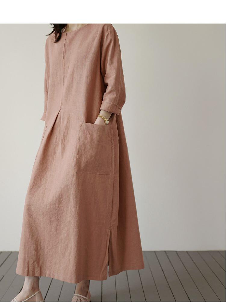 Women's Korean Style Cotton Linen Mid-Length Dress with Pockets - Plus Size, Loose Fit, Casual Fashion