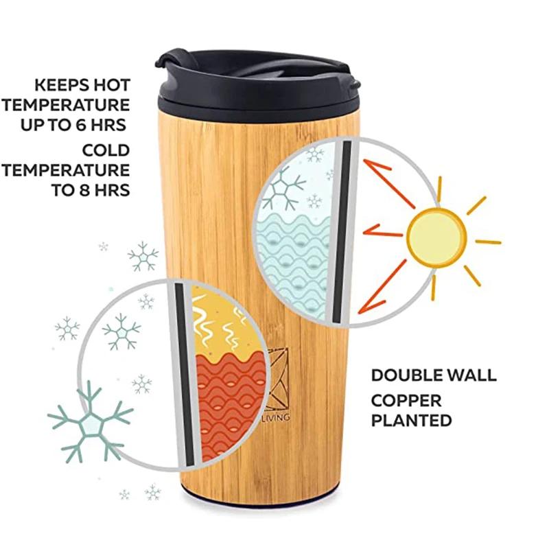 450ml Bamboo Coffee Cup Stainless Steel Thermos Water Bottle Flip Lid Eco-Friendly Travel Cup Portable For Retirement Gift