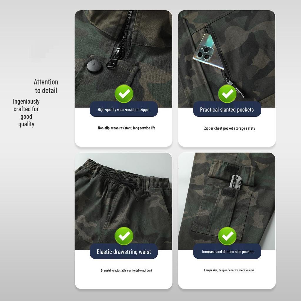 Unisex Spring/Autumn Elastic Camouflage Workwear Set - Cotton, Anti-Scald, Wear-Resistant, Ideal for Auto Repair