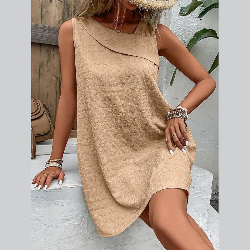 Solides ärmelloses Kleid für Damen, unregelmäßiger Ausschnitt, schmales A-Linien-Kleid, lässige Mode, lockeres kurzes Kleid, atmungsaktives leichtes bequemes Sommerkleid