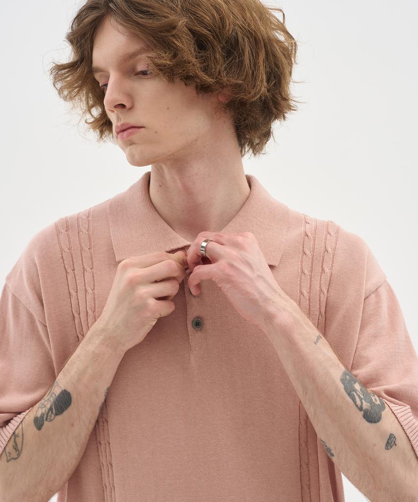 BLOND9 Soft Cable Collar Short Sleeve Knit_Pink