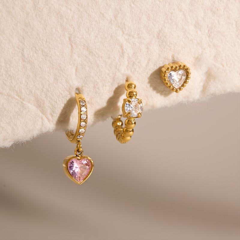 Women Heart Zircon Earrings 3 Pcs Set Minimalist Gold PVD Plated Waterproof Jewelry Ideal for Birthday Gift