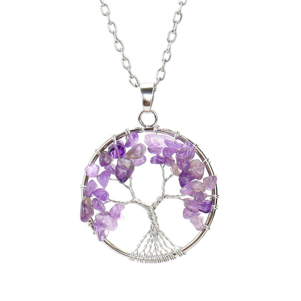 Silver Hand-Wound Colorful Crystal Gravel Tree Root Tree Of Life Pendant Necklace N112