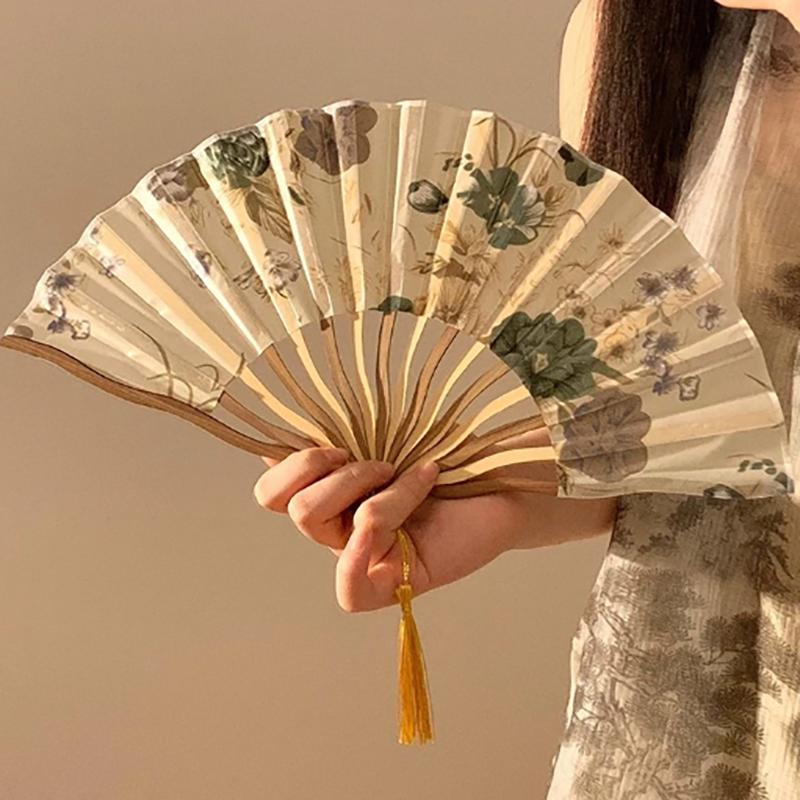 Tragbarer Handfächer Neuer Chinesischer Stil Tanzrequisiten Retro Muschelfächer Frau Männer Bambus Holz Seidenblume Faltfächer