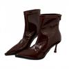 2025 Autumn and Winter New Patent Leather Pointed Thin Heel Short Boots Women's High Heel Glossy Fashion Thin Boots Feeling Boots