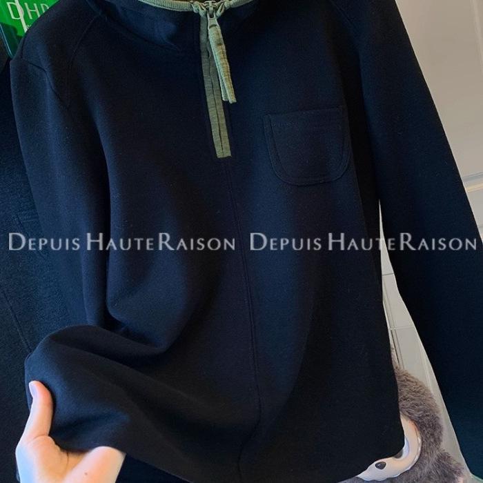 

2025 Autumn/Winter Plus Size Color Block Half-Zip Hooded Sweatshirt for Women 4XL (suggested for up to 120 kg) чёрный