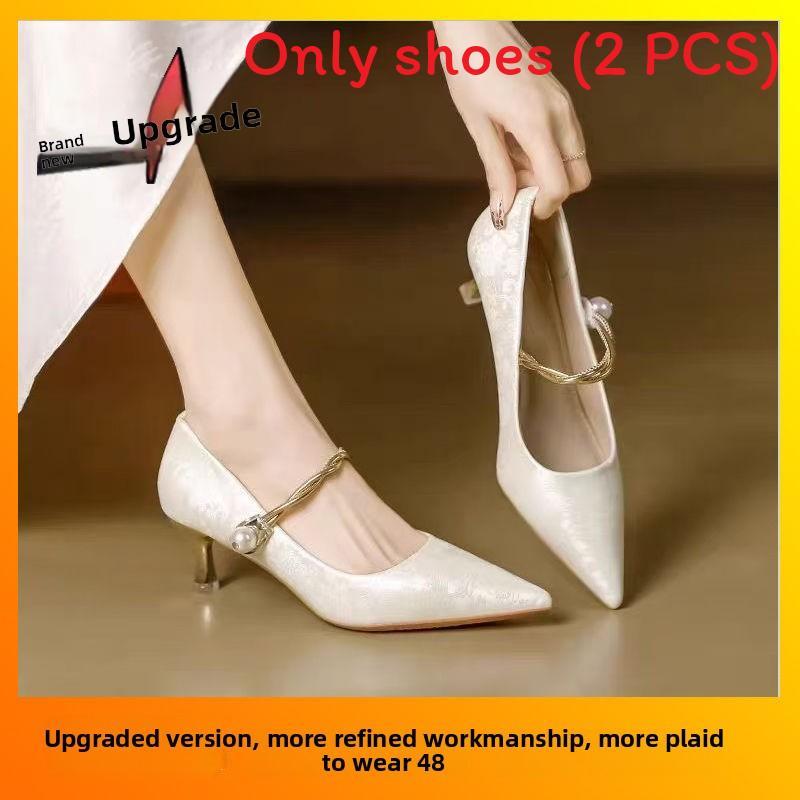 Pointed Toe Low Heeled Shoes With Printed Patterns And Pearl Decor For Women