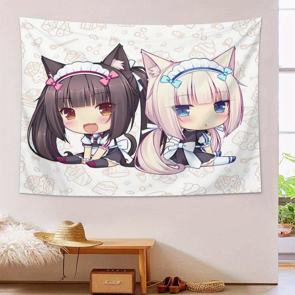 Aesthetic Wall Tapestry Cute Anime Maid Cat Ears Design Horizontal Modern Living Room Decor