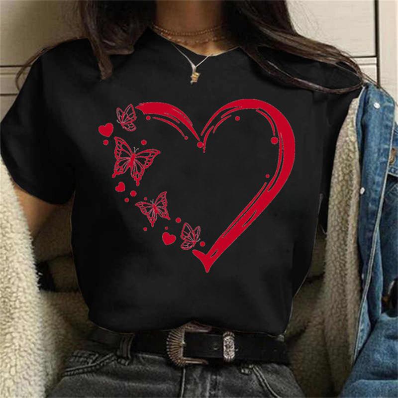 Women Short Sleeve T-shirt Butterfly Love Heart Print - Casual Graphic Tee